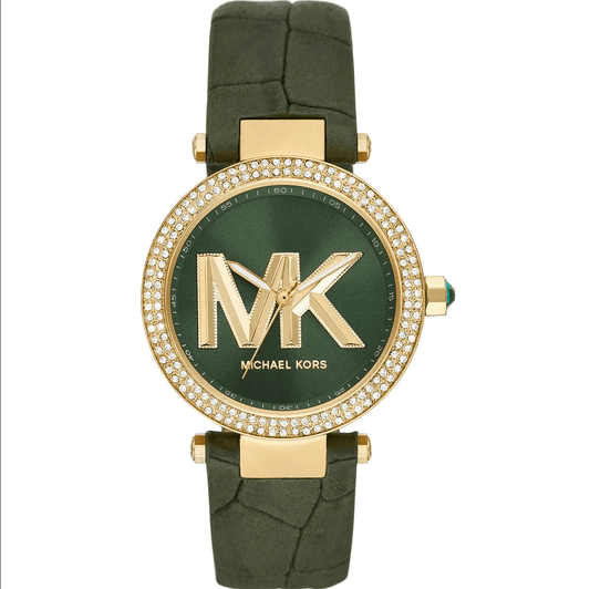 Montre Femme Michael Kors Parker MK4724 Dorée 39mm, Cadran Vert Logo MK et Bracelet Cuir Vert